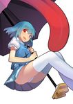  absurdres aqua_eyes aqua_hair ass fps from_below heterochromia highres karakasa_obake looking_at_viewer miniskirt open_mouth panties pantyshot puffy_short_sleeves puffy_sleeves red_eyes shirt short_hair short_sleeves simple_background skirt skirt_set smile solo tatara_kogasa thighhighs tongue touhou umbrella underwear upskirt vest white_background white_legwear white_panties 