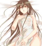  1boy androgynous bare_arms bare_legs bare_shoulders bed blush brown_eyes brown_hair china_dress collared_dress cowboy_shot crossdressing dress floral_print flower fuuchouin_kazuki getbackers hair_ornament hair_tubes hand_on_own_chest jingle_bell legs_apart long_hair looking_at_viewer lying male_focus papillon10 parted_lips ribbon rose side_slit sleeveless sleeveless_dress solo traditional_clothes trap very_long_hair 