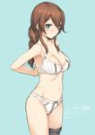  adjusting_bra adjusting_clothes aqua_background aqua_eyes artist_name black_legwear bow bow_panties bra braid breasts brown_hair cleavage closed_mouth cowboy_shot dressing expressionless hair_between_eyes hair_over_shoulder kantai_collection large_breasts long_hair looking_at_viewer navel noshiro_(kantai_collection) panties sidelocks signature simple_background single_thighhigh solo standing takayaki thighhighs underwear underwear_only white_bra white_panties 