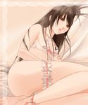  1boy androgynous bra brown_eyes brown_hair collarbone crossdressing fuuchouin_kazuki getbackers jingle_bell leg_garter lingerie long_hair lying male_focus outside_border panties papillon10 parted_lips pink_background ribbon simple_background solo trap underwear underwear_only very_long_hair 