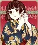  adjusting_clothes bad_id bad_pixiv_id black_hair brown_eyes earrings flat_color floral_print hanaze high_contrast japanese_clothes jewelry kimono looking_at_viewer original short_hair solo upper_body 