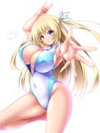  :o amagi_brilliant_park armpits ass_visible_through_thighs bare_shoulders blonde_hair blue_eyes blue_leotard blue_ribbon blush breasts center_opening cleavage commentary_request covered_navel covered_nipples cowboy_shot foreshortening front_zipper_swimsuit hair_ribbon highleg highleg_leotard highres large_breasts leotard long_hair looking_at_viewer meme_attire midoriiro_no_shinzou one-piece_swimsuit ribbon shiny shiny_skin sideboob sleeveless solo swimsuit sylphy_(amaburi) twitter_username two_side_up unzipped v-shaped_eyebrows very_long_hair white_background 
