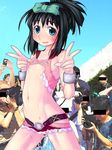  1girl bar_censor blush bodypaint bow camera censored chains double_v erect_nipples exhibitionism eyebrows eyebrows_visible_through_hair hair_bow handcuffs holding kunihiro_hajime looking_at_viewer multiple_boys navel open_mouth outdoors pussy raplus saki shiny shiny_hair shiny_skin sky star star_tattoo swear tattoo v 