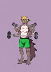  barbell canine clothing crimsonrabbit digitigrade dragon dumbbel exercise horn hybrid male mammal multi_arm multi_limb psycho-mantis shorts simple_background thick_tail weightlifting weights wolf workout 