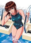  :o brown_eyes brown_hair character_request competition_school_swimsuit drain_(object) goggles goggles_around_neck long_hair official_art one-piece_swimsuit pool pool_ladder solo swimsuit viper wading wet 