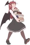  black_footwear black_legwear black_wings book book_stack carrying clenched_teeth demon_wings flat_color flying_sweatdrops frilled_skirt frills full_body head_wings heavy holding holding_book koakuma long_hair mefomefo pantyhose pointy_ears red_hair shirt shoes simple_background skirt solo teeth touhou vest white_background wings 