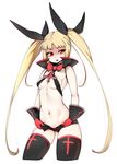  black_legwear black_ribbon blazblue blonde_hair bow bowtie breasts cross eyebrows eyebrows_visible_through_hair gloves hair_ribbon highres long_hair navel navel_piercing piercing rachel_alucard red_bow red_eyes red_gloves ribbon simple_background slugbox small_breasts solo thighhighs twintails underboob very_long_hair white_background 