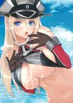  :o bad_id bad_pixiv_id bare_shoulders bismarck_(kantai_collection) black_gloves blonde_hair blue_eyes blue_sky blush breasts cloud crop_top day finger_licking gloves grey_hat hat kamimiya kantai_collection large_breasts licking lifted_by_self long_hair navel open_mouth peaked_cap shirt_lift sky solo stomach suggestive_fluid tongue tongue_out underboob upper_body 