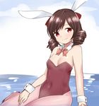  animal_ears bow bowtie brown_hair brown_leotard bunny_ears bunnysuit cloud day detached_collar drill_hair hair_bow harukaze_(kantai_collection) highres kantai_collection leotard long_hair pantyhose pink_legwear re-arusu red_bow red_eyes sitting sky smile solo twin_drills water wrist_cuffs 