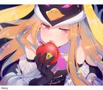  animal_hat animal_print apple artist_name bad_id bad_pixiv_id bangs black_gloves blonde_hair border breasts brown_hair eyelashes fang food frills fruit gloves hair_between_eyes hat light_particles long_hair mawaru_penguindrum mery_(apfl0515) open_mouth penguin_hat pink_eyes princess_of_the_crystal purple_eyes small_breasts solo takakura_himari triangle upper_body white_border 