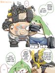  ... anthro bandolier big_ears clothed clothing comic dialogue digimon duo english_text front_view gargomon gas_mask hisashino male mammal mask musclegut naughty_face navel overwatch overweight roadhog_(overwatch) standing tattoo text topless video_games weapon 
