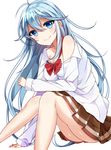  bare_shoulders blue_eyes blue_hair bow breasts brown_skirt cleavage denpa_onna_to_seishun_otoko legs long_hair looking_at_viewer medium_breasts minami_saki off_shoulder pleated_skirt red_bow simple_background sitting skirt smile solo touwa_erio white_background 