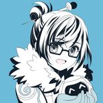  atobesakunolove blue blue_background glasses hair_bun hair_ornament hair_stick looking_at_viewer mei_(overwatch) monochrome open_mouth overwatch portrait short_hair simple_background smile solo 