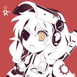  1girl adapted_costume atobesakunolove braid distress eyepatch genderswap genderswap_(mtf) hair_tubes mask mask_on_head monochrome open_mouth overwatch portrait red_background simple_background solo tears torbjorn_(overwatch) turret twin_braids welding_mask wide-eyed 
