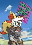  2016 anthro braixen dark_nek0gami duo ear_piercing female gami_cross grei hat jewelry male necklace nintendo piercing pointy_ears pok&eacute;mon red_eyes sign smile video_games 