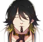  1boy black_hair blonde_hair bowtie choker close-up eyes_closed facial_hair food japanese_clothes male_focus multicolored_hair nagasone_kotetsu parted_lips personification pocky pov samurai10932 simple_background solo touken_ranbu traditional_clothes two-tone_hair white_background 
