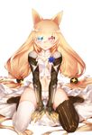  absurdly_long_hair absurdres animal_ears black_footwear blonde_hair blue_eyes boots cat_ears detached_collar flower full_body g41_(girls_frontline) girls_frontline gloves heterochromia highres horz long_hair looking_at_viewer low-tied_long_hair mismatched_legwear navel panties red_eyes shirt sitting solo thigh_boots thighhighs twintails underwear very_long_hair wariza white_background white_legwear white_panties white_shirt 