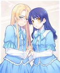  1girl alternate_hair_length alternate_hairstyle blonde_hair blue_dress blue_eyes blue_hair crossdressing dress embarrassed hair_down hair_ornament hairclip holding_hands long_hair matching_outfit otoko_no_ko shokugeki_no_souma sumimoto_ryuu sweatdrop tadokoro_megumi takumi_aldini yellow_eyes 