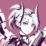  alternate_costume atobesakunolove bodysuit dark_persona demon_horns devil_mercy facial_mark forehead_mark gun handgun horns imp_mercy light_smile looking_at_viewer mechanical_wings mercy_(overwatch) monochrome overwatch ponytail portrait purple_background simple_background solo weapon wings 