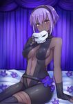  black_hairband blush breasts cleavage covered_nipples dark_skin fate/grand_order fate/prototype fate/prototype:_fragments_of_blue_and_silver fate_(series) fingerless_gloves flower gloves hairband hassan_of_serenity_(fate) kou_(garakuta_teikoku) looking_at_viewer mask mask_removed medium_breasts midriff navel purple_eyes purple_hair short_hair sitting sketch skin_tight solo 