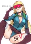  2016 adjusting_goggles alternate_costume alternate_hairstyle backpack bag blonde_hair blue_eyes blue_leotard breasts cammy_white choker cleavage dated fingerless_gloves gloves hair_down highres large_breasts leotard long_hair long_sleeves looking_at_viewer red_goggles solo street_fighter street_fighter_v tetsu_(kimuchi) unzipped 