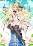  aqua_eyes artoria_pendragon_(all) black_legwear blonde_hair castle dress fate/grand_order fate/stay_night fate/unlimited_codes fate_(series) flower ganik gloves high_heels lily_(flower) pantyhose saber saber_lily sitting sleeveless sleeveless_dress smile solo white_dress white_gloves 