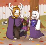  asgore_dreemurr beard boss_monster caprine child clothed clothing crown eyewear facial_hair fall fence fur glasses horn human leaves long_ears mammal paws protagonist_(undertale) stripes temmie_(undertale) toriel tree undertale video_games white_fur young zarla 