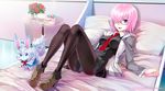  :d bed black_legwear breasts cup dress fate/grand_order fate_(series) flower fou_(fate/grand_order) glasses hair_over_one_eye high_heels jacket looking_at_viewer lying mash_kyrielight medium_breasts necktie on_back open_mouth pantyhose pillow purple_eyes purple_hair saint_quartz saucer shirotsumekusa smile tea teacup teapot 