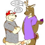  anthro antlers balls baseball_cap bear bottomless cervine circumcised clothed clothing dangerously deer duo embarrassed english_text erection fur hat hi_res horn humanoid_penis long_foreskin male male/male mammal open_mouth penis phimosis shirt simple_background slightly_chubby t-shirt text uncut 