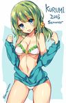  2016 :d ass_visible_through_thighs battle_girl_high_school bikini bikini_under_clothes blue_eyes breasts character_name cleavage clenched_hands collarbone cowboy_shot english flower frilled_bikini frills green_hair hair_flower hair_ornament jacket long_hair looking_at_viewer medium_breasts navel open_mouth smile solo standing summer swimsuit tokiwa_kurumi twitter_username two-tone_background unacchi_(nyusankin) 