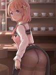  ass bangs bdsm black_skirt blush bondage bottle bound brown_legwear cafe counter crotch_rope cup from_behind gochuumon_wa_usagi_desu_ka? hair_ornament hairclip highres hoto_cocoa indoors light_smile long_sleeves looking_at_viewer looking_back orange_hair panties panties_under_pantyhose pantyhose plate purple_eyes rabbit_house_uniform rope saucer shelf shibari shibari_under_clothes shirt short_hair skirt skirt_lift solo stool sweatdrop teacup thighband_pantyhose underwear uniform unusablenameaaa vest white_panties white_shirt 