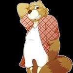  2016 anthro balls blush canine clothing dangerously embarrassed erection fur humanoid_penis long_foreskin looking_at_viewer male mammal penis phimosis shirt simple_background slightly_chubby solo tanuki teeth uncut 