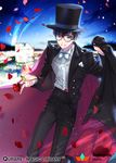  ayto black_hair black_hat black_pants blue_eyes bow bowtie cape flower formal glasses hat holding holding_flower looking_at_viewer male_focus night night_sky outdoors pants petals qurare_magic_library rose sky solo standing top_hat watermark white_bow white_neckwear 