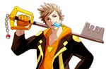  brown_hair food food_in_mouth gloves holding holding_weapon hood hoodie hscatter jacket keyblade keychain kingdom_hearts looking_to_the_side male_focus open_clothes open_jacket orange_gloves poke_ball pokemon pokemon_go popsicle simple_background smile solo spark_(pokemon) spiked_hair upper_body weapon white_background 