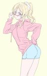  adjusting_eyewear ayase_eli bad_id bad_twitter_id bespectacled blonde_hair blue_eyes casual glasses hand_on_own_ass highres hood hood_down hoodie long_sleeves looking_at_viewer love_live! love_live!_school_idol_project ponytail rectangular_eyewear red-framed_eyewear scrunchie semi-rimless_eyewear short_shorts shorts simple_background solo under-rim_eyewear white_scrunchie yellow_background yohan1754 