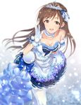  bare_shoulders breasts brown_eyes brown_hair cleavage gloves idolmaster idolmaster_cinderella_girls idolmaster_cinderella_girls_starlight_stage long_hair medium_breasts mizuki_makoto nitta_minami open_mouth smile solo starry_sky_bright tiara white_legwear 