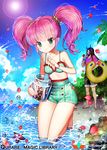  1girl aqua_eyes bad_id bad_pixiv_id beach blue_sky cloud copyright_name day facial_hair gambe innertube kneeling kneeling_on_water lens_flare outdoors petals pink_hair qurare_magic_library sky smile standing starfish swimsuit twintails watermark 