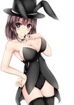  alternate_costume animal_ears bangs black_hat black_legwear blush breasts brown_eyes brown_hair bunny_ears bunny_girl bunnysuit cleavage closed_mouth commentary_request cowboy_shot detached_collar fake_animal_ears finger_to_mouth hand_on_hip hand_up hat highres katou_megumi large_breasts leotard looking_at_viewer mizuki_(satukisen) saenai_heroine_no_sodatekata short_hair simple_background smile solo standing strapless strapless_leotard tareme thighhighs top_hat white_background work_in_progress 