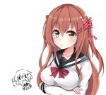  :/ alternate_breast_size alternate_hair_length alternate_hairstyle blush bow breasts brown_eyes brown_hair closed_mouth colis_(regunm772) collarbone commentary_request covered_nipples crossed_arms dual_persona hair_bow hair_ornament hairclip ikazuchi_(kantai_collection) kantai_collection large_breasts long_hair long_sleeves looking_at_viewer multiple_girls older partially_colored red_bow sailor_collar shirt striped striped_bow translated upper_body white_background white_shirt ||_|| 