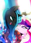  black_skin blue_hair changeling digitigrade duo equine eyelashes female feral friendship_is_magic fur green_eyes hair hooves horn long_hair mammal multicolored_hair my_little_pony open_mouth pink_eyes pink_hair princess_cadance_(mlp) purple_hair queen_chrysalis_(mlp) rariedash teeth tongue 