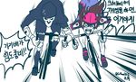  1girl adapted_costume bicycle bicycle_helmet bike_jersey bike_shorts biker_clothes brown_hair d.va_(overwatch) ground_vehicle helmet korean leaning_forward long_hair mask midousuji_akira open_mouth overwatch parody reaper_(overwatch) riding shoes short_sleeves skull_mask sweatdrop teeth translated twitter_username yowamushi_pedal 