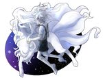  alolan_form alolan_ninetales alternate_form blue_eyes child crossover danganronpa fox full_body komaeda_nagito m_c_ympc male_focus messy_hair multiple_tails pokemon pokemon_(creature) pokemon_(game) pokemon_sm smile snowflakes space star_(sky) super_danganronpa_2 tail transparent_background white_hair younger 