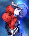  2016 :o anime_coloring beret black_skirt blue_hair blush breasts commentary_request covered_nipples dated dutch_angle from_above hat impossible_clothes impossible_shirt jiangshi large_breasts looking_at_viewer miyako_yoshika nakajou ofuda pale_skin purple_eyes red_shirt shirt short_hair short_sleeves skirt solo star touhou 