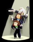  2016 absurd_res ambiguous_gender asriel_dreemurr boss_monster bow_tie cane caprine carrying chara_(undertale) child eyes_closed goat hat hi_res human humanoid male mammal on_shoulders protagonist_(undertale) smile spotlight struggling suit tc-96 top_hat undertale video_games young 