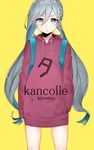  ahoge alternate_costume backpack bad_id bad_pixiv_id bag casual grey_hair hair_between_eyes hair_ribbon hand_in_pocket hood hoodie kantai_collection kiyoshimo_(kantai_collection) long_hair looking_at_viewer low_twintails ribbon simple_background solo suzuharu_toufu twintails very_long_hair 