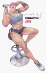  absurdres breasts change_(437483723) cleavage comb covered_nipples green_eyes hair_dryer highres large_breasts light_smile lips looking_at_viewer muscle muscular_female overwatch pink_hair simple_background solo thick_thighs thighs white_background zarya_(overwatch) 
