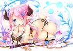  between_breasts bikini blue_eyes blush breasts cleavage double_bun draph earrings gloves granblue_fantasy hair_ornament hair_over_one_eye head_tilt horns jewelry katana large_breasts long_hair lying mouth_hold narmaya_(granblue_fantasy) natsuki_yuu_(amemizu) on_stomach pink_hair pointy_ears red_ribbon ribbon shaved_ice smile solo spoon star star_earrings swimsuit sword weapon white_bikini white_gloves 