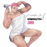  absurdres breasts change_(437483723) cleavage comb covered_nipples green_eyes hair_dryer highres large_breasts light_smile lips looking_at_viewer muscle muscular_female overwatch pink_hair pussy simple_background solo thick_thighs thighs towel white_background zarya_(overwatch) 