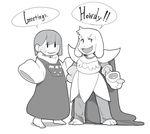  ambiguous_gender anthro armor asriel_dreemurr barefoot blush boss_monster cape caprine chara_(undertale) clothed clothing english_text fur globes goat hair human long_ears male mammal monochrome open_mouth robes simple_background text undertale video_games 