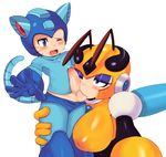  1girl animal_ears areolae blush breasts cat_ears cat_tail cum ejaculation erection eyeshadow fellatio helmet hetero honey_woman inverted_nipples large_breasts makeup mato_spectoru md5_mismatch nipples oral penis rockman rockman_(character) rockman_(classic) sucking_testicles tail testicles 